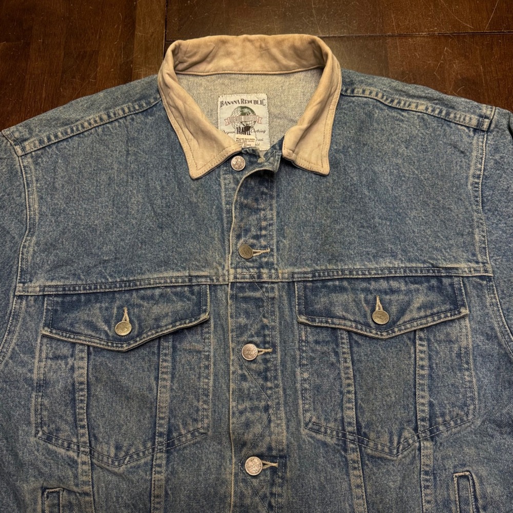 Vintage Banana Republic Denim Jacket Men Large Blue Leather Collar Trucker